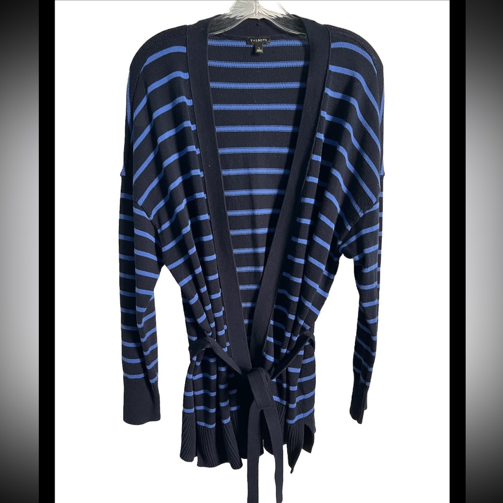 Talbots Women’s Cardigan Sweater Pima Cotton Blue Striped WORN ONCE SZ  large